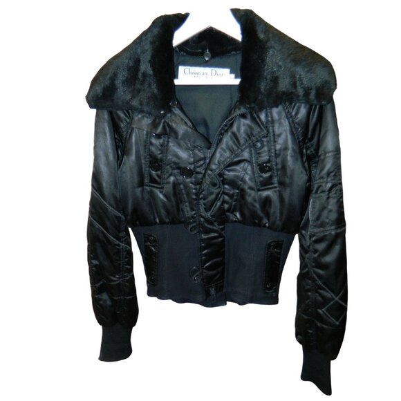 Christian Dior Black Satin & Faux Fur Cropped Jacket Size 6 Made In Italy - Picture 1 of 16